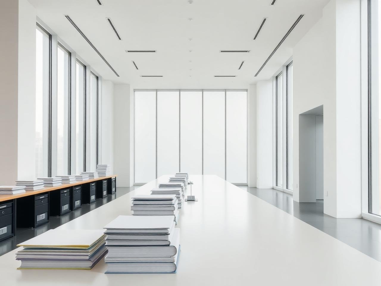 Clean architectural interior with bound reporting documentation