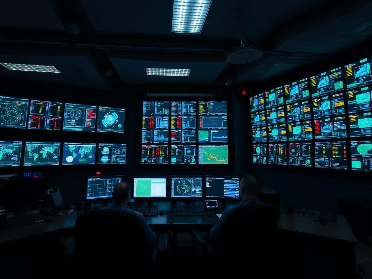 Industrial control room with a bank of monitors showing operational data