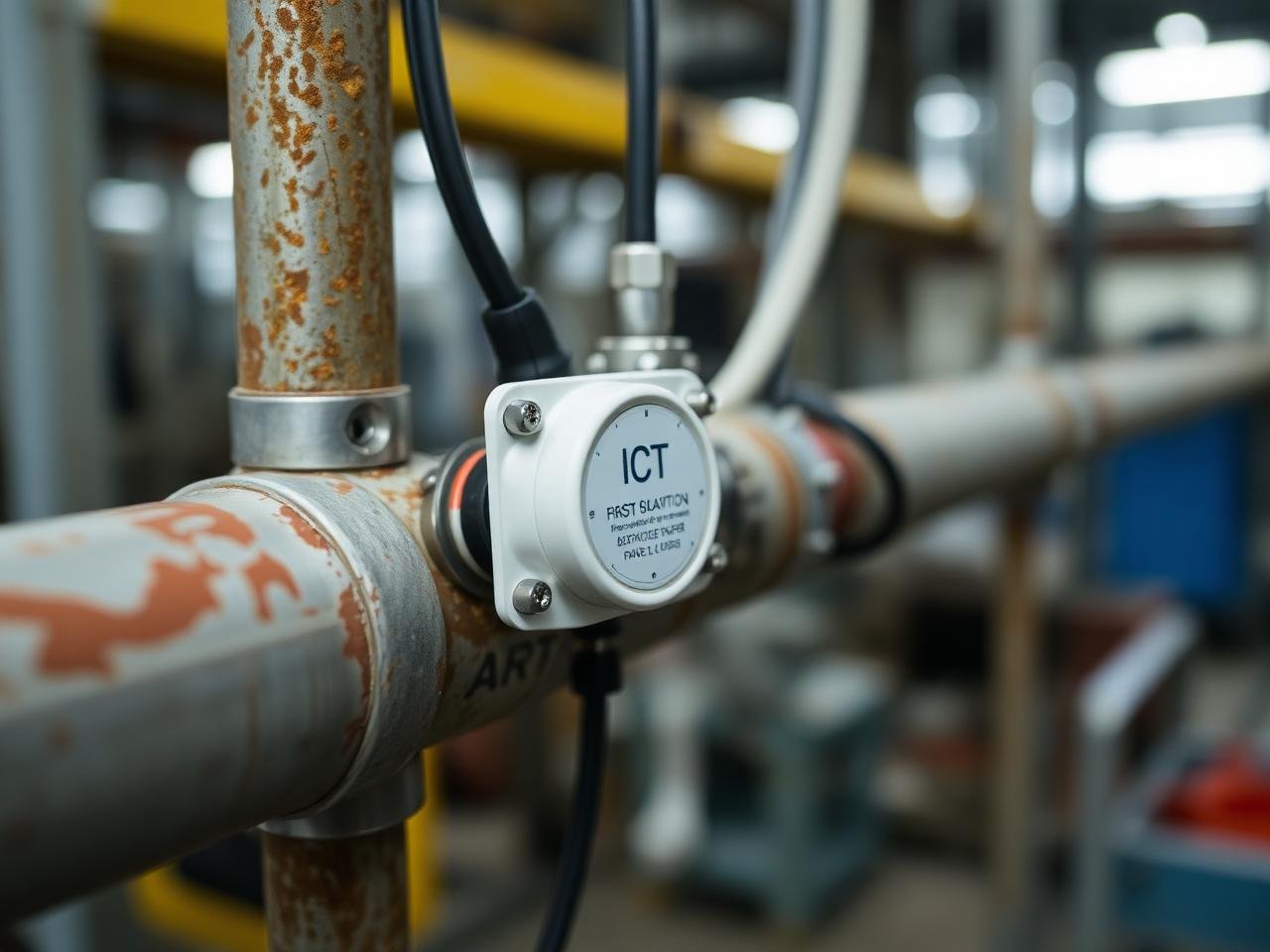 Close-up of monitoring hardware on industrial pipework